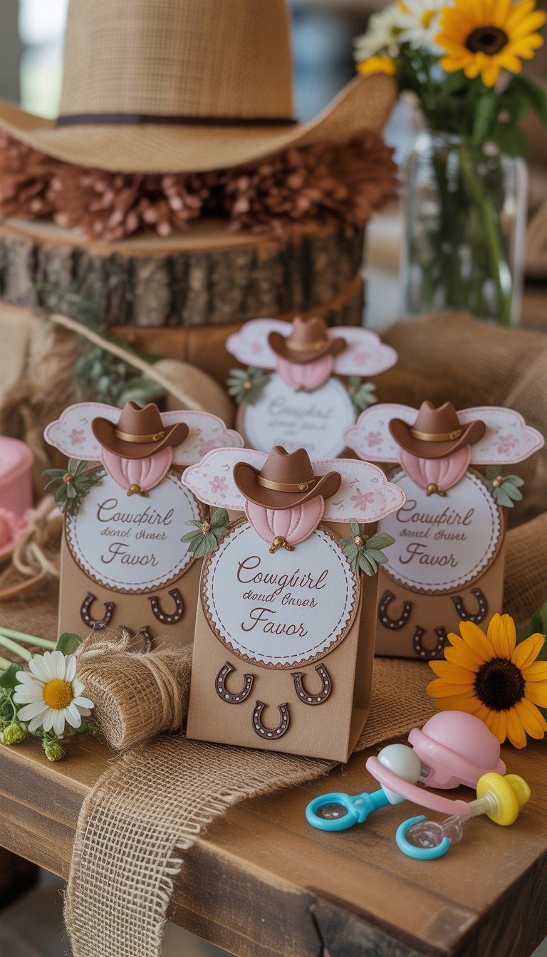 A rustic baby shower table with cowgirl-themed favor bags decorated with miniature cowboy hats and wildflowers.